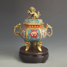 CLOISONNE ENAMEL INCENSE BURNER WITH LION FINIAL AND DRAGON HANDLES