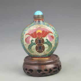 CLOISONNE ENAMEL SNUFF BOTTLE WITH ‘FORTUNE BEFORE YOUR EYES’ RESERVED PANELS