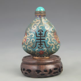 CLOISONNE ENAMEL SNUFF BOTTLE WITH LOTUS SCROLL AND LONGEVITY MOTIF