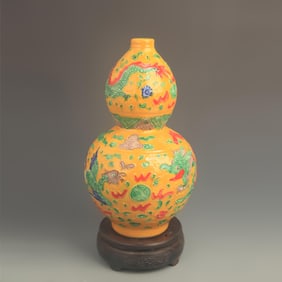 FAHUA YELLOW-GROUND GOURD-FORM PORCELAIN VASE