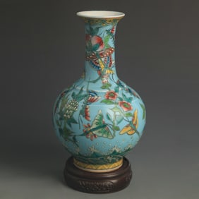 POWDER BLUE GROUND FAMILLE ROSE BIRD PATTERN PORCELAIN VASE