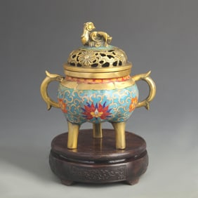CLOISONNE ENAMEL DOUBLE-HANDLED CENSER WITH LOTUS PATTERN