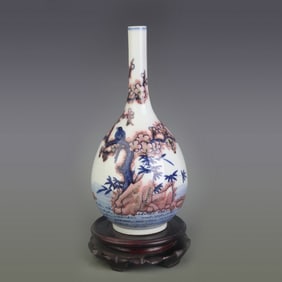 BLUE AND WHITE UNDERGLAZE RED BOTTLE WITH FLORAL AND BIRD PATTERN