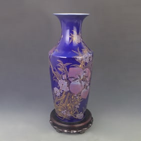 BLUE COLOR GLAZE VASE WITH GILDED LONGEVITY PATTERN