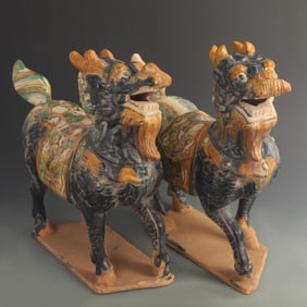 PAIR OF SANCAI GLAZED QI LIN FIGURE (WEALTH-BRINGING)