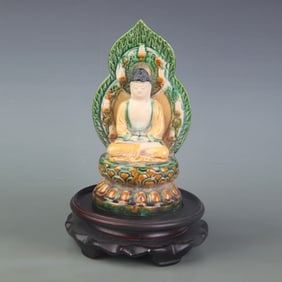 CERAMIC TRICOLOR SHAKYAMUNI BUDDHA STATUE