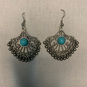 PAIR OF WHITE BRONZE MADE CHINESE EARRING WITH TURQUOISE STONE