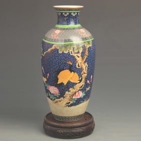 CLOISONNE COLOR BLUE GROUND FLOWER AND BIRD PATTERN PORCELAIN VASE