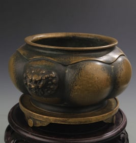 RARE QING SHU LV MARK DOUBLE EAR BRONZE CENSER