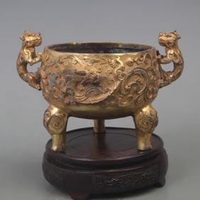 GILT BRONZE DRAGON PATTERN BEAST KNOB THREE FOOTED INCENSE BURNER