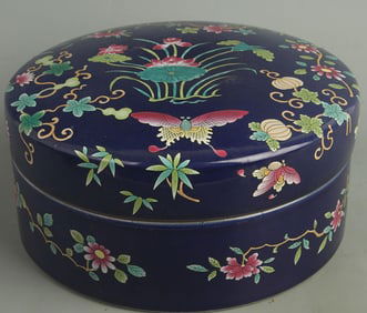 BLUE-GROUND LIDDED PORCELAIN BOX WITH FLOWER AND BIRD PATTERNS