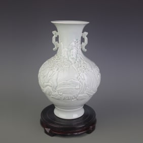 CELADON GLAZED HUMAN FIGURE PATTERN DOUBLE-EAR PORCELAIN VASE