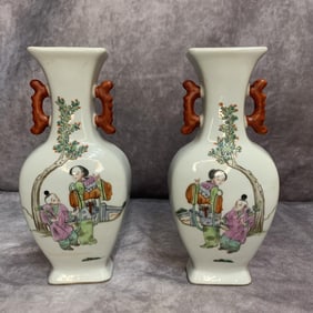 PAIR OF CHARACTER PATTERN PORCELAIN WALL HANGING VASE