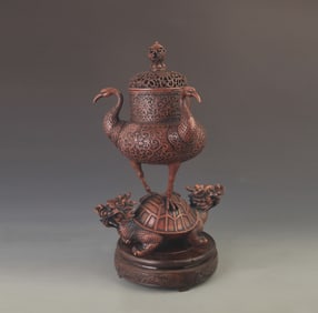 RARE TURTLE AND CRANE FIGURE INCENSE BURNER BURNER