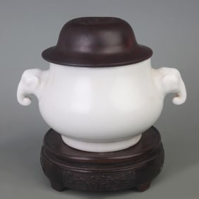 RARE WHITE GLAZE ELEPHANT-HANDLED CENSER WITH REDWOOD LID