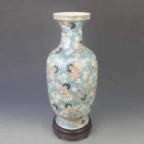 FAMILLE ROSE LARGE VASE WITH BLUE GROUND AND PHOENIX DESIGN