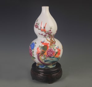 RARE ENAMEL COLOR FLOWER AND BIRD PATTERN CALABASH VASE