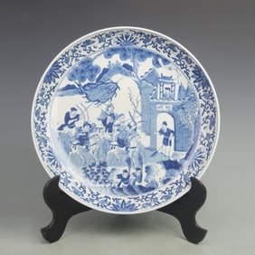 LARGE BLUE AND WHITE COLOR STORY PATTERN PORCELAIN PLATE