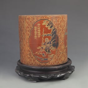 PAINTED LACQUER OPEN-SCENE OLD MAN WITH HOOK WOODEN BRUSH POT