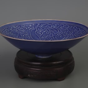 SACRIFICIAL BLUE GLAZED CARVED FLORAL AND BIRD PORCELAIN BOWL