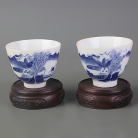 PAIR OF BLUE AND WHITE LANDSCAPE PATTERN PORCELAIN CUPS