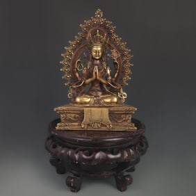 TIBETAN BRONZE FOUR-ARMED GUANYIN STATUE WITH HALO
