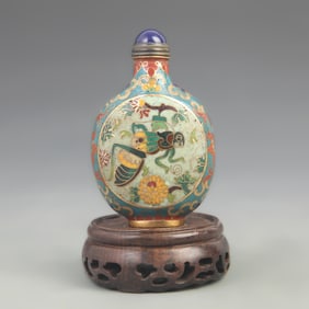 CLOISONNE ENAMEL SNUFF BOTTLE WITH RASSHOPPER DESIGN