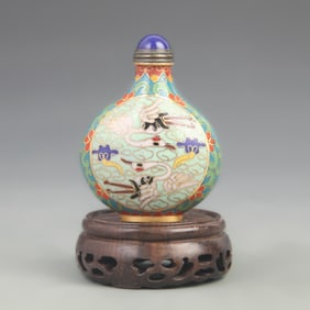 CLOISONNE ENAMEL SNUFF BOTTLE WITH AUSPICIOUS CLOUDS AND CRANE DESIGN