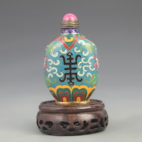 CLOISONNE ENAMEL SNUFF BOTTLE WITH LOTUS TENDRIL AND LONGEVITY PATTERN