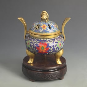 CLOISONNE ENAMEL CENSER WITH LOTUS TENDRIL PATTERN, BEAST FINIALS, AND CROWNED HANDLES