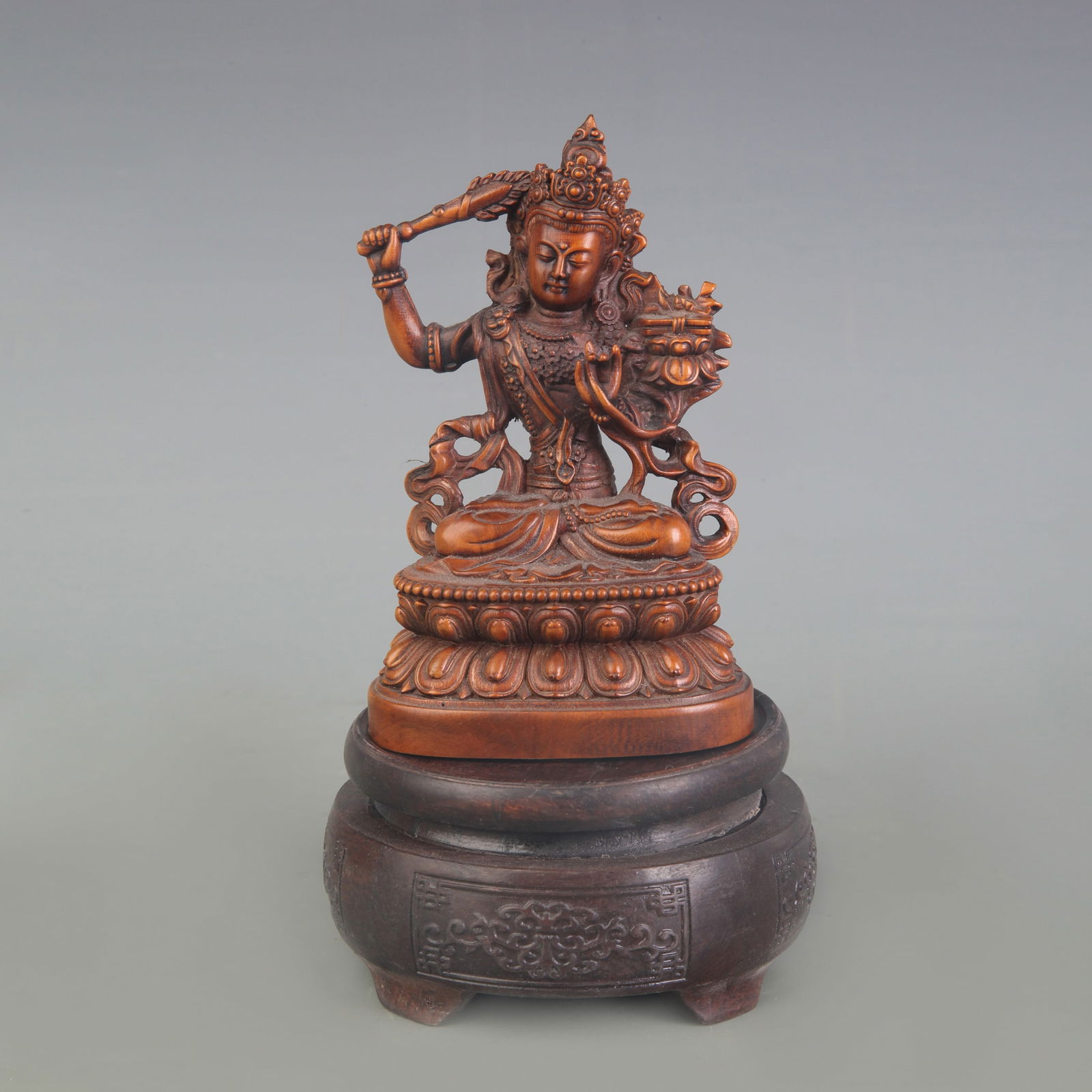 A FINE WOODEN CARVING FIGURE OF MANJUSHRI BODHISATTVA STATUE (1 of 5)