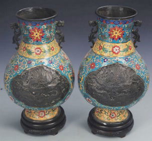 RARE PAIR OF CLOISONNE ENAMEL BRONZE VASE