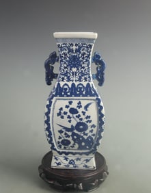 BLUE AND WHITE DOUBLE-HANDLED SQUARE VASE WITH FLORAL AND BIRD MOTIFS