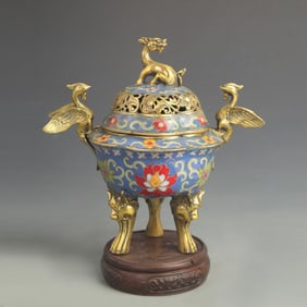 CLOISONNE ENAMEL CENSER WITH LOTUS TENDRIL PATTERN, DOUBLE PHOENIX HANDLES, AND BEAST FINIALS