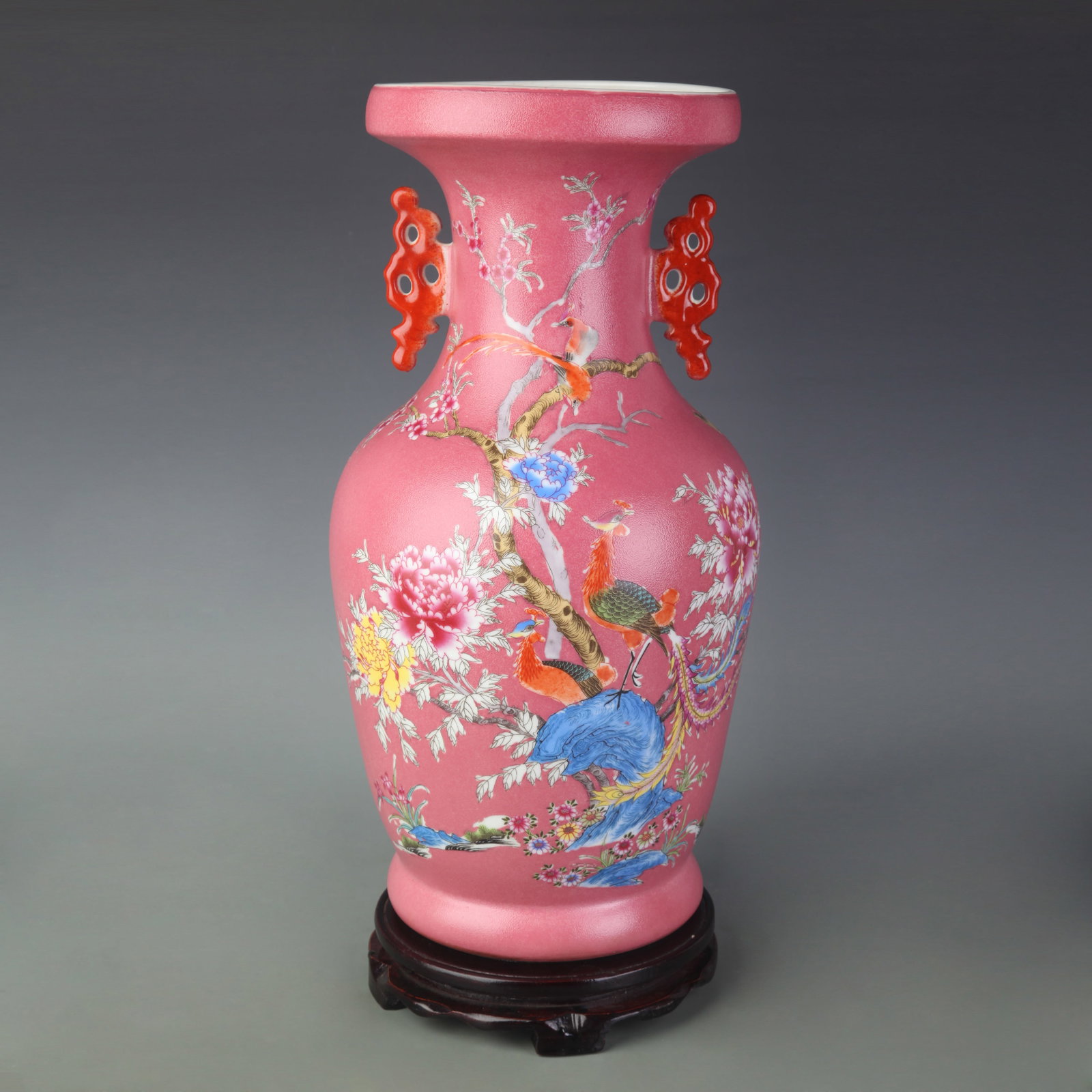 FAMILLE ROSE PINK GROUND BIRD AND FLOWER DOUBLE-EAR PORCELAIN VASE: Qing Dynasty Yong Zheng Period; High: 16.0 inch