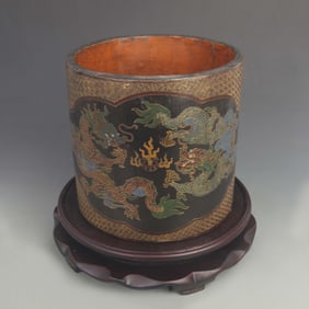PAINTED LACQUER AND DRAGON PLAYING PATTERN WOODEN BRUSH HOLDER