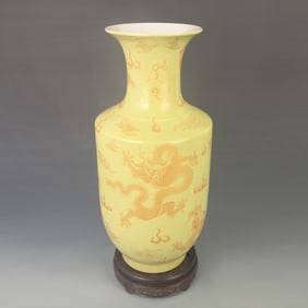 FAMILLE ROSE LIGHT YELLOW-GROUND DRAGON PAINTED PORCELAIN VASE