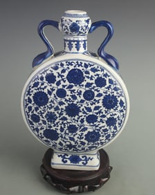 BLUE AND WHITE MOON STYLE VASE WITH INTERTWINED LOTUS BRANCHES