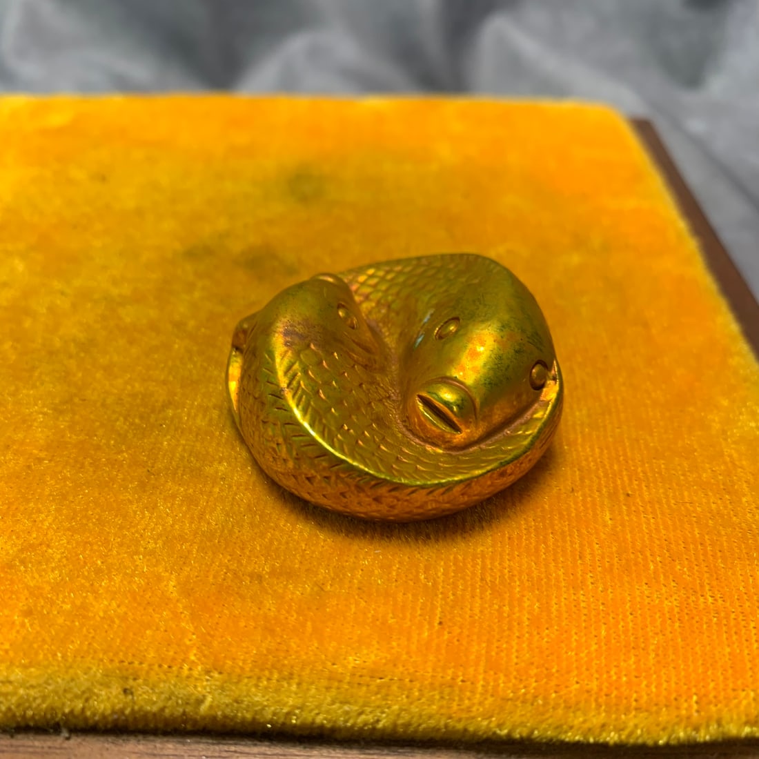 QING DYNASTY DOUBLE FISH PATTERN MIXED-METAL PAPERWEIGHTS: Qing Dynasty; High; 0.6 inch; D; 1.6 inch;