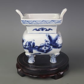 BLUE AND WHITE HUMAN FIGURE FOUR-SIDED PORCELAIN CENSER