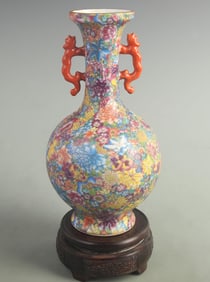 DOU CAI COLOR THOUSAND FLOWER PATTERN DOUBLE EAR PORCELAIN VASE