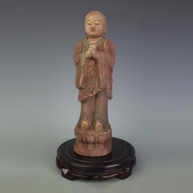 POLYCHROME WOOD SHAKYAMUNI STANDING FIGURE