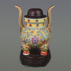 RARE FAMILLE ROSE FLOWER PATTERN THREE FOOT PORCELAIN CENSER WITH REDWOOD LID