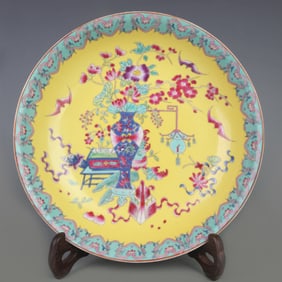 ENAMEL COLOR PAINTED FLOWER PATTERN PORCELAIN PLATE