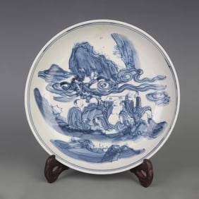 BLUE AND WHITE PLATE WITH HUMAN STORY FIGURES