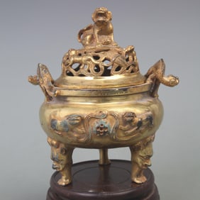 GILT BRONZE DRAGON PATTERN BEAST KNOB THREE FOOTED INCENSE BURNER