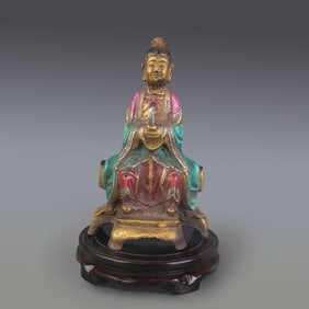 A FINE COLOR PAINTED BRONZE GOD OF WEALTH FIGURINE