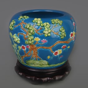 BLUE-GLAZED CARVED FLORAL BRUSH WASHER