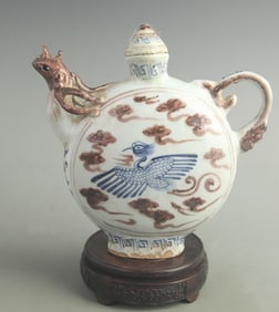 BLUE AND WHITE UNDERGLAZE RED PHOENIX PATTERN EWER