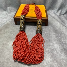 TIBETAN BRAIDED CORAL NECKLACE WITH OX BONE